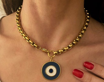 large evil eye necklace, greek blue eye necklace, chunky gold jewelry, evil eye pendant necklace, big eye necklace, bulky steel chain