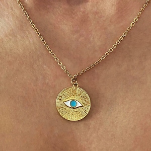 Gold evil eye necklace, coin charm necklace, layering jewelry, gift for her, Greek eye necklace, evil eye choker, collier femme