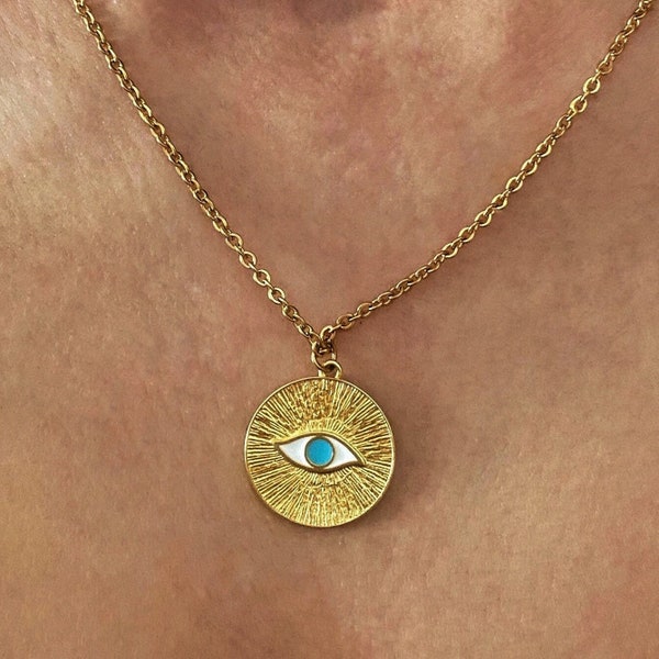 Gold evil eye necklace, coin charm necklace, layering jewelry, gift for her, Greek eye necklace, evil eye choker, collier femme