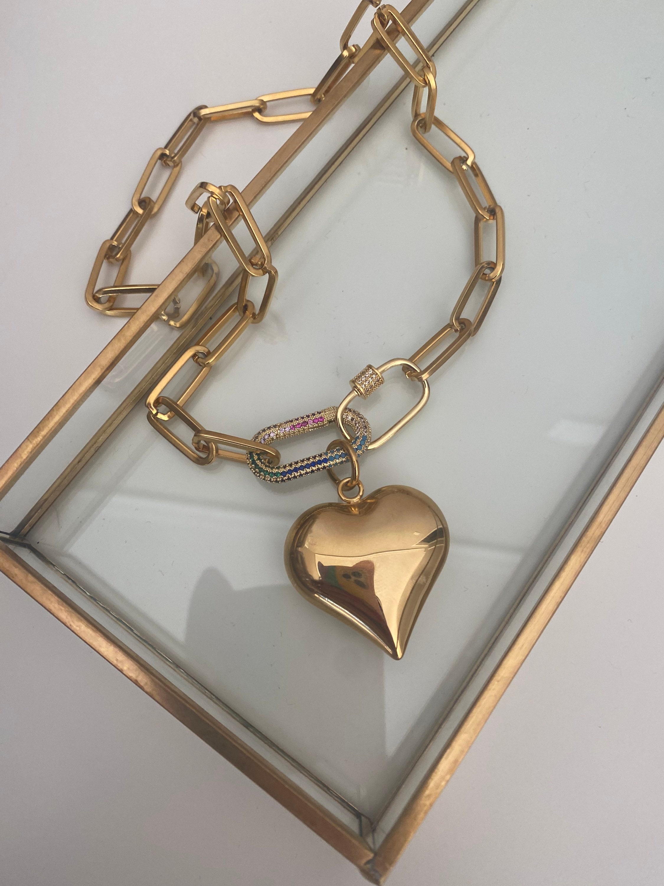 14Kt Real Gold Heart Charm Necklace With Paper Clip Chain – Assay Jewelers