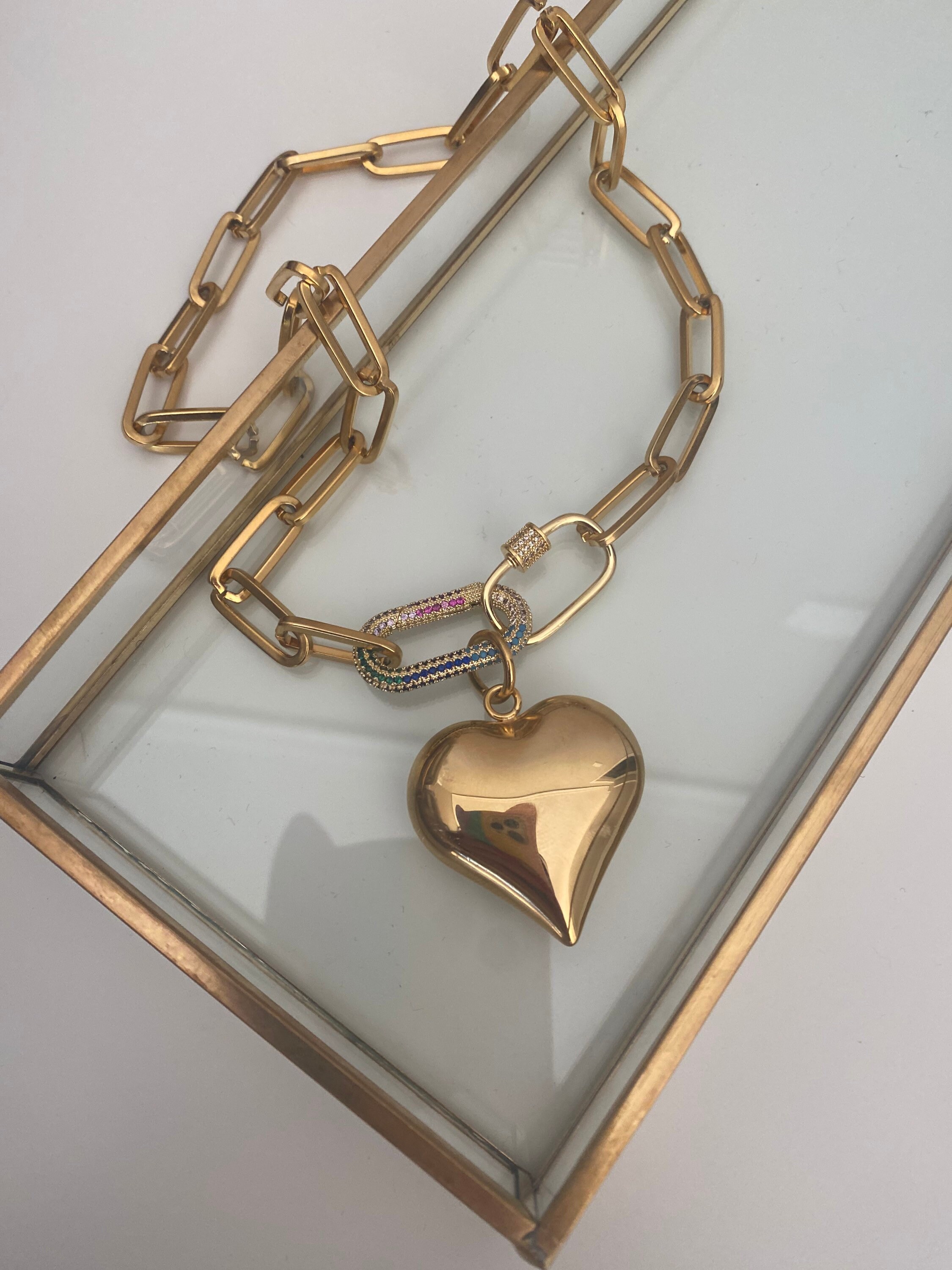 Puffy Heart Necklace, Zircon Carabiner Necklace, Paperclip Chain Necklace, Gold Heart Necklace, Spring Clasp Necklace, Gold Simple Necklace - Etsy Puffy Heart Necklace, Zircon Carabiner Necklace, Paperclip Chain Necklace, Gold Heart Necklace, Spring Clasp Necklace, Gold Simple Necklace - Etsy