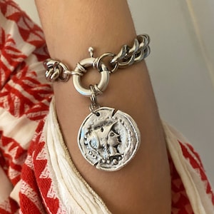 Coin bracelet, Chunky silver bracelet,  ancient coin bracelet, oversized steel chain bracelet, large silver bracelet,  greek coin jewelry