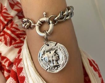 Chunky Steel Chain Bracelet, Ancient Greek Coin Charm