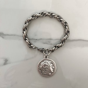 coin  bracelet, chunky silver tone chain bracelet, big coin bracelet, retro vintage  style bracelet, oversized coin bracelet for woman