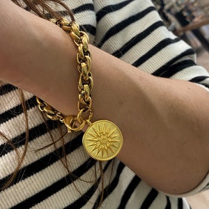 Coin bracelet, gold  chunky bracelet, big coin bracelet, greek coin bracelet, large coin bracelet for woman, bulky thick chain bracelet