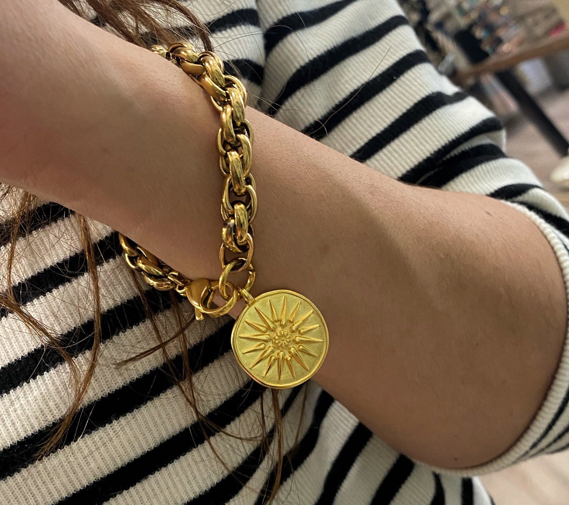 Buy Coin Bracelet, Chunky Gold Tone Bracelet, Large Coin Bracelet, Retro  Style Bracelet, Greek Coin Jewelry, Everyday Jewelry, Large Coin Charm  Online in India - Etsy