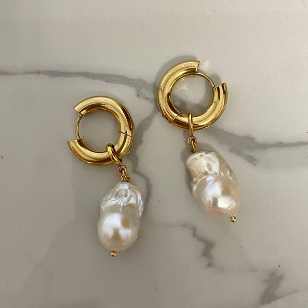 pearl earrings, freshwater  baroque pearl earrings, chunky hoops with charms, bridal jewelry,  earrings .large big pearl hoop