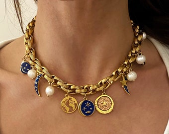 gold charm necklace, moon sun necklace, multi charms Bracelet, half moon necklace, chunky gold bracelet, many different charm necklace