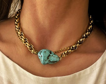 turquoise choker necklace, Chunky gold necklace, large gold chain with Big gem stone, retro style adjustable necklace, aesthetic jewelry