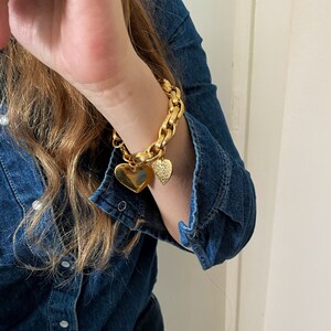 Heart charm bracelet, gold heart bracelet, large heart bracelet, gold chunky steel chain bracelet, large gold bracelet, y2k aesthetic image 9