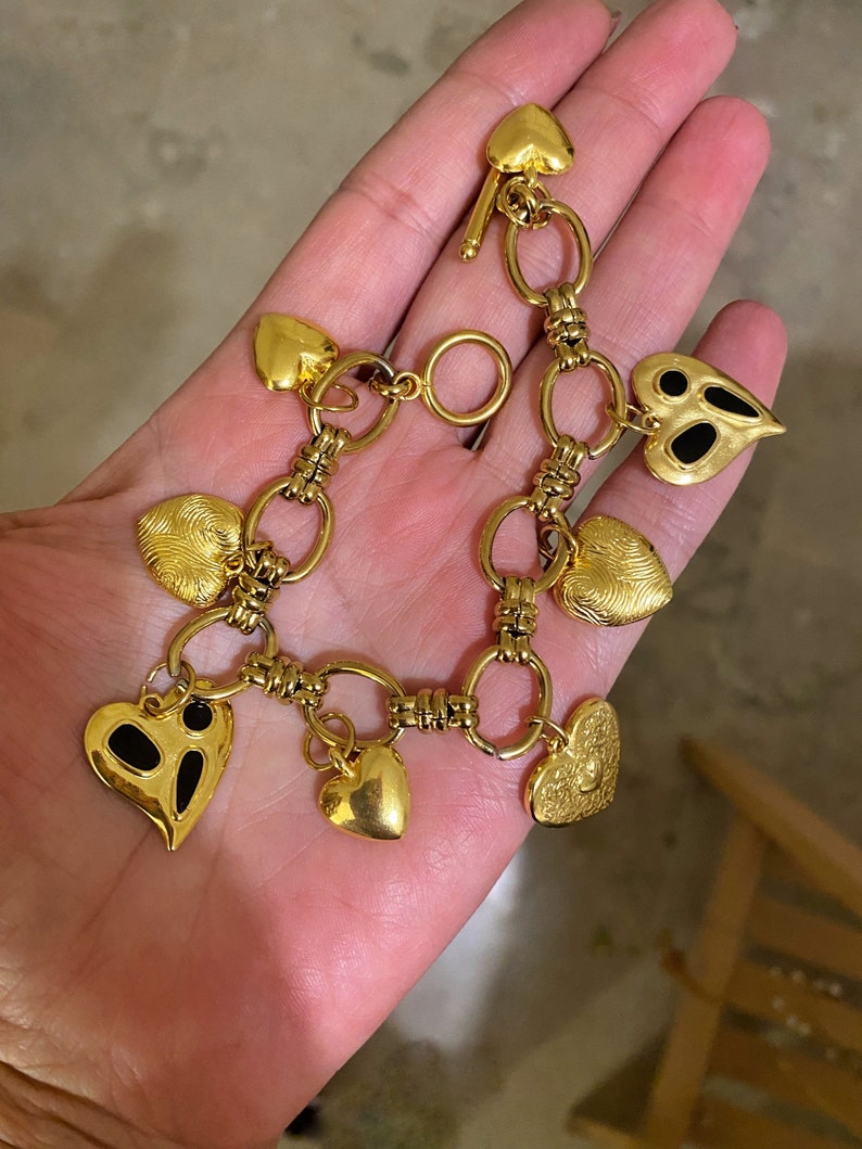 Heart charms bracelet, gold heart bracelet, gold chunky bracelet, big gold bracelet, retro style bracelet, aesthetic jewelry image 8