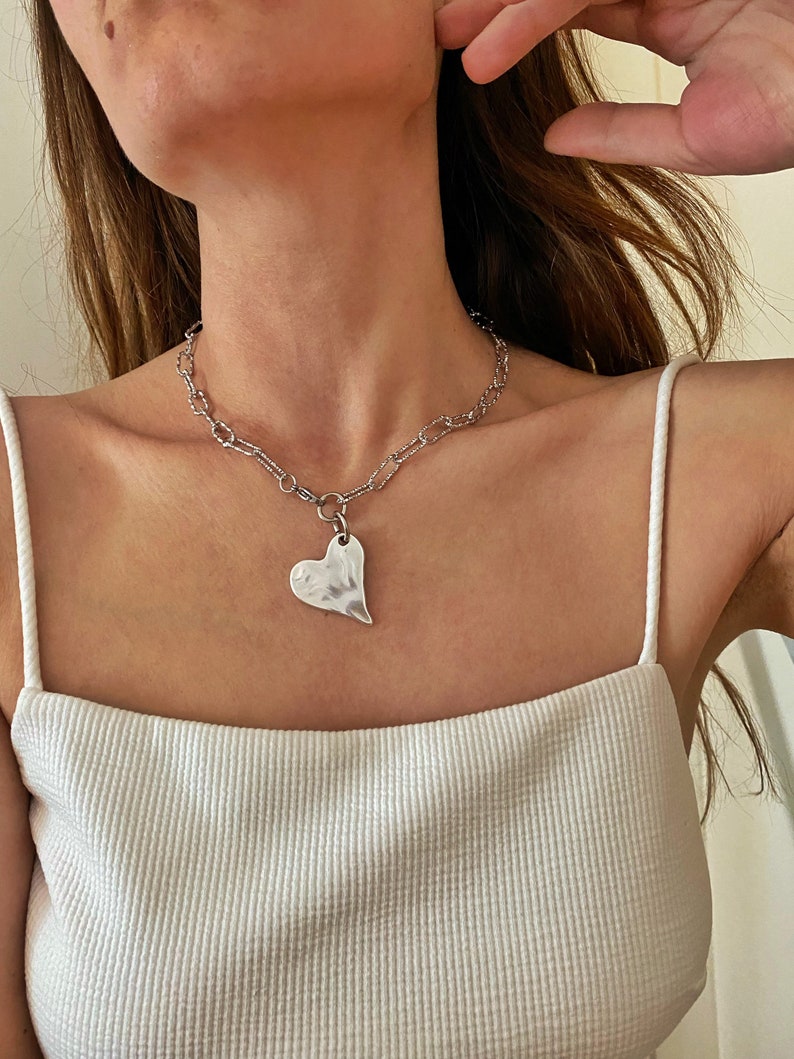 Silver Heart necklace, paper clip steel chain necklace, heart pendant necklace, silver heart charm necklace, collier femme, Christmas gift image 8