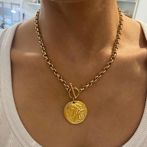 Coin necklace, coin necklace for women, gold tone chunky necklace, Greek coin jewelry,  gift for wife, gift for mother