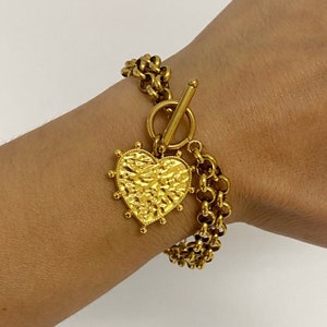 Heart bracelet, toggle bracelet with heart charm, gold tone antique style bracelet, Valentine’s Day gift, chunky jewelry for woman