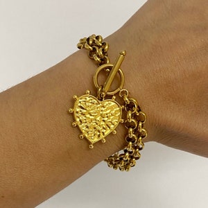 Heart bracelet, toggle bracelet with heart charm, gold tone antique style bracelet, Valentine’s Day gift, chunky jewelry for woman