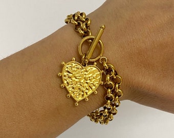 Heart bracelet, toggle bracelet with heart charm, gold tone antique style bracelet, Valentine’s Day gift, chunky jewelry for woman