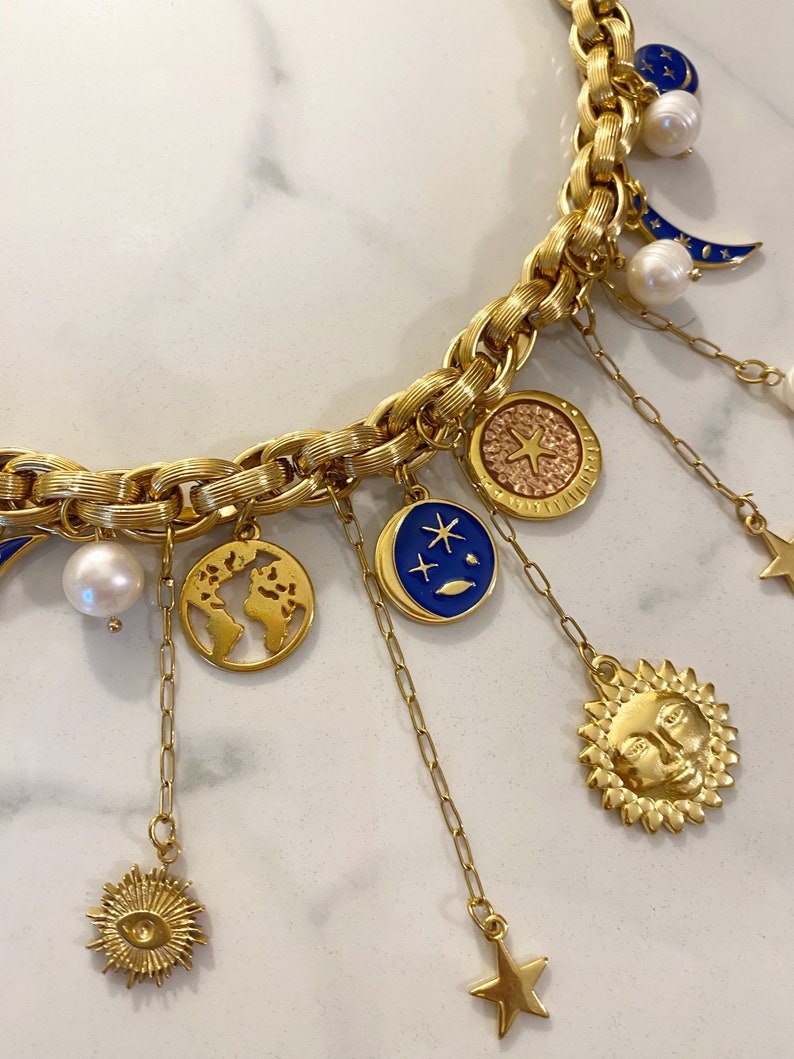 gold charm necklace, moon sun necklace, multi charms Bracelet, half moon necklace, chunky gold bracelet, many different charm necklace image 3