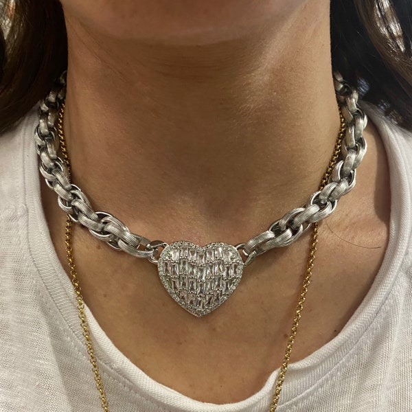 Heart necklace, silver tone choker, large crystal heart pendant, big heart collar, gold tone necklace for woman, chunky jewelry