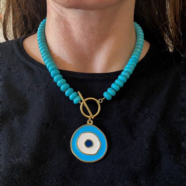 Evil eye necklace, Turquoise howlite necklace. Large turquoise pendant necklace, y2k jewelry, greek eye coin necklace, aesthetic jewelry