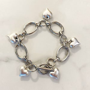 Puffed hearts bracelet, silver heart bracelet, chunky silver bracelet, big silver bracelet, retro aesthetic toggle bracelet,