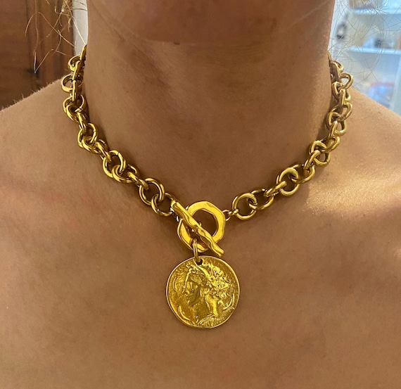 Chunky Gold Tone Coin Necklace: Athena Goddess Pendant, Toggle