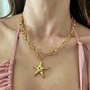 Gold plated Starfish necklace, chunky gold necklace, aesthetic jewelry, modern y2k jewelry, mermaid necklace, 90s style jewelry