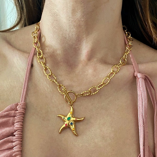 Gold plated Starfish necklace, chunky gold necklace, aesthetic jewelry, modern y2k jewelry, mermaid necklace, 90s style jewelry