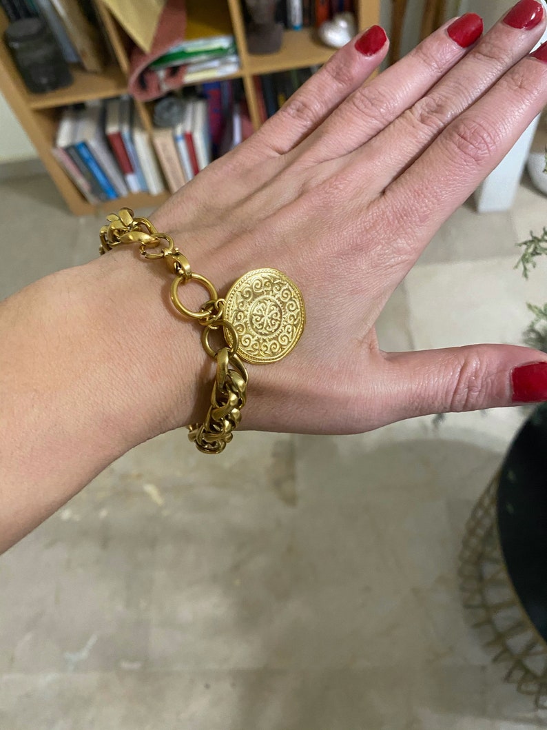 coin charm bracelet, chunky chain bracelet with charm, statement bracelet, big coin bracelet, retro old style bracelet, gold tone bracelet image 8