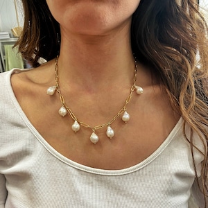 Baroque Pearl Drop Necklace: Steel Link Chain, Bridal Jewelry