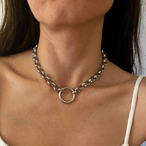 Chunky silver tone necklace, steel rolo chain necklace with round locker, circle closure necklace, big silver necklace,