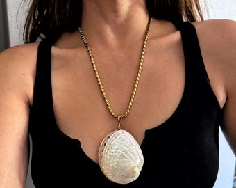 Long shell Necklace: pearly White abalone shell pendant necklace