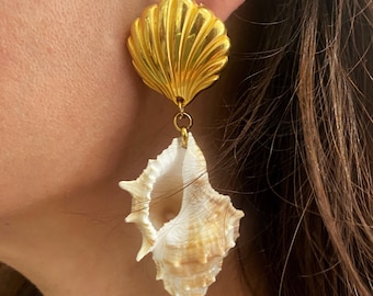 Large shell earrings, giant natural shell earrings, seashell jewelry, mermaid core, huge oversized earrings, gold tone sea  clam earring