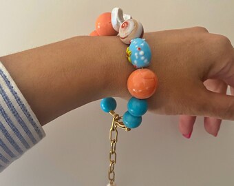 Large mismatched bracelet, Colorful beads bracelet,  oversized peach jewelry, turquoise orange bracelet, bracelet for woman