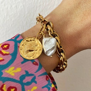 Coin charm bracelet, chunky gold bracelet, gold statement bracelet, pearl chain  bracelet, large retro old style bracelet, big bracelet