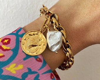Coin charm bracelet, chunky gold bracelet, gold statement bracelet, pearl chain  bracelet, large retro old style bracelet, big bracelet
