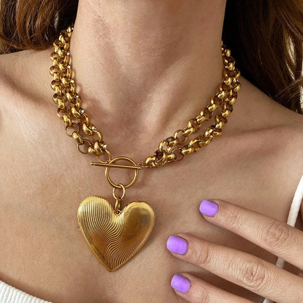 Chunky heart necklace, gold tone oversized large heart necklace, double steel chain necklace, toggle choker, giant heart necklace,