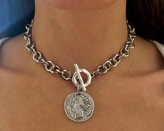 Chunky Silver Tone Coin Necklace: Athena Goddess Pendant, Toggle Clasp