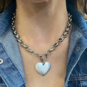 Silver Heart necklace, silver chunky rolo chain necklace, retro old aesthetic necklace, large  silver necklace, heart necklace woman