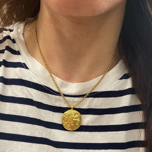 Gold tone coin necklace, coin necklace for woman, greek coin necklace, large coin necklace, summer jewelry, antique old style jewelry