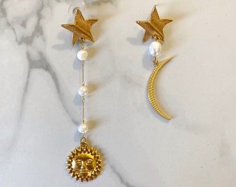 Moon star sun earrings, mismatched earrings, crescent moon earrings, different dangling earrings, pearl chain earrings. Party earrings