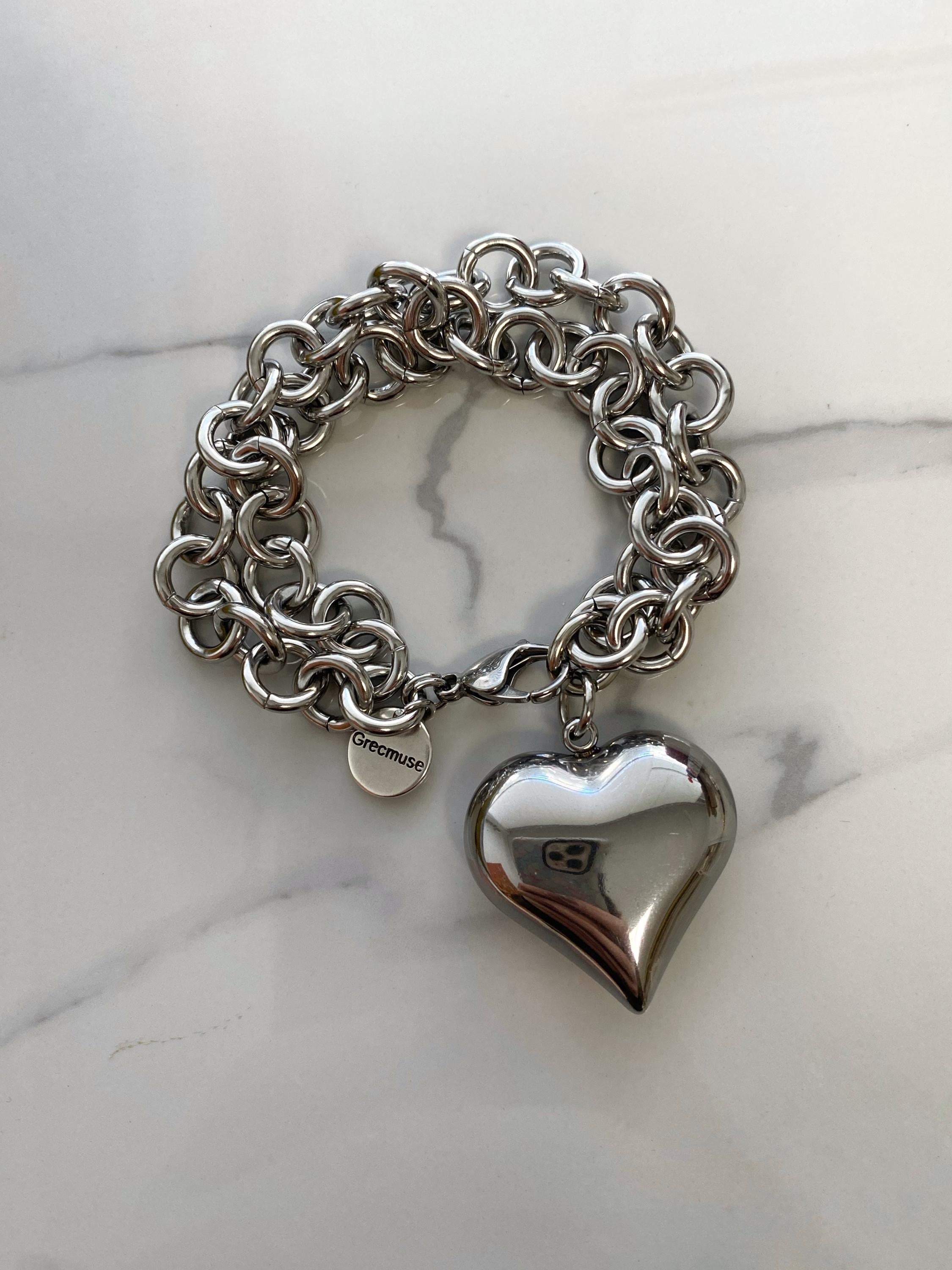 Heart Bracelet for Woman, Large Puffy Heart Bracelet, Silver