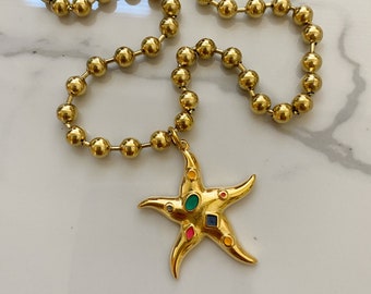 Starfish pendant necklace, round ball beads necklace, gold tone summer necklace, modern y2k jewelry, mermaid necklace, steel choker