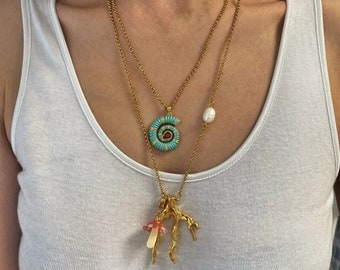 Gold plated shell necklace, summer jewelry, necklace, gold tone coral pendant necklace, mixed necklaces, mermaid core