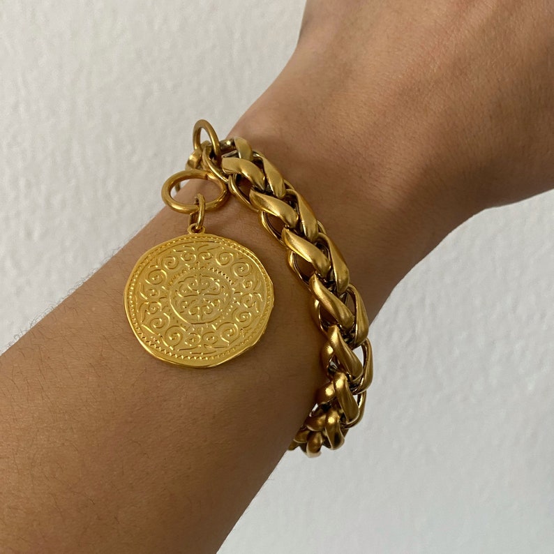 coin charm bracelet, chunky chain bracelet with charm, statement bracelet, big coin bracelet, retro old style bracelet, gold tone bracelet image 7