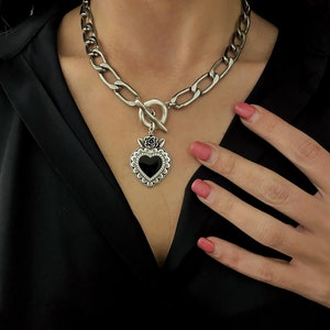 Sacred Heart Pendant Necklace, Silver Chain, Black Enamel image 3