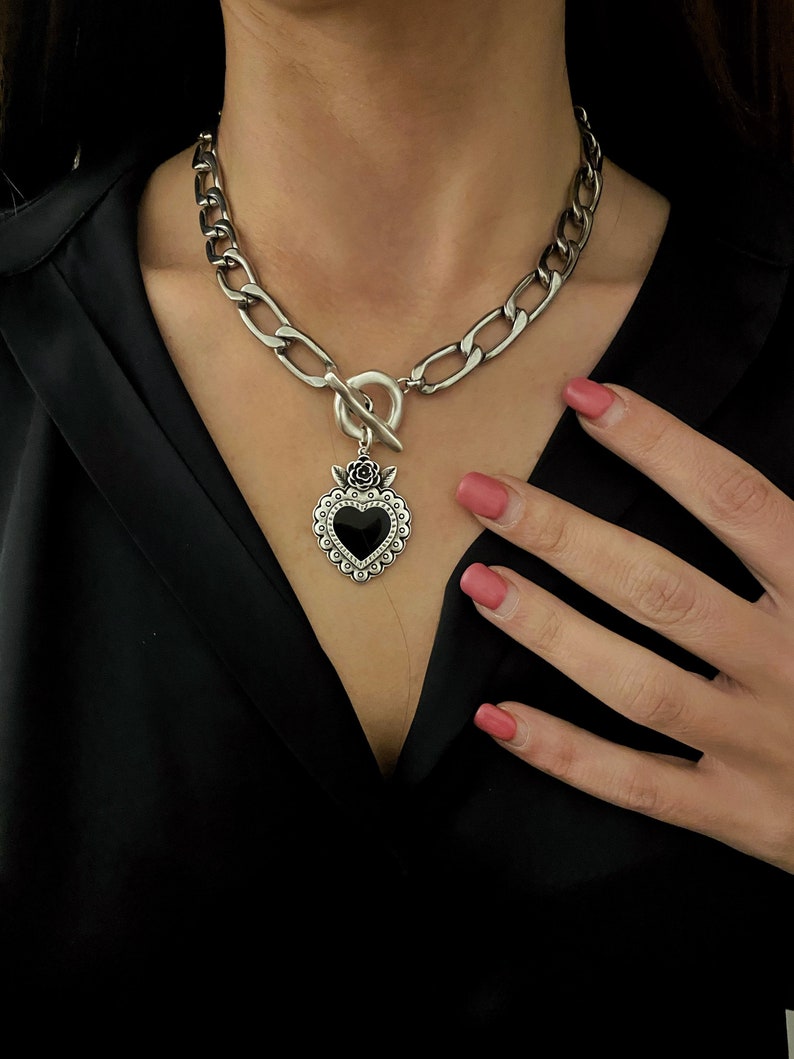Sacred Heart Pendant Necklace, Silver Chain, Black Enamel image 3