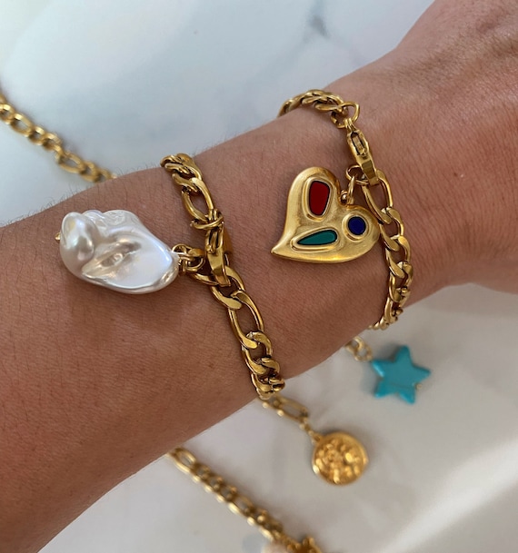 Gold Charm Bracelet Greek Coin Bracelet Gold Bear Bracelet