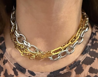Mix silver gold tone  chains  necklace , multi strand chain ,  statement jewelry