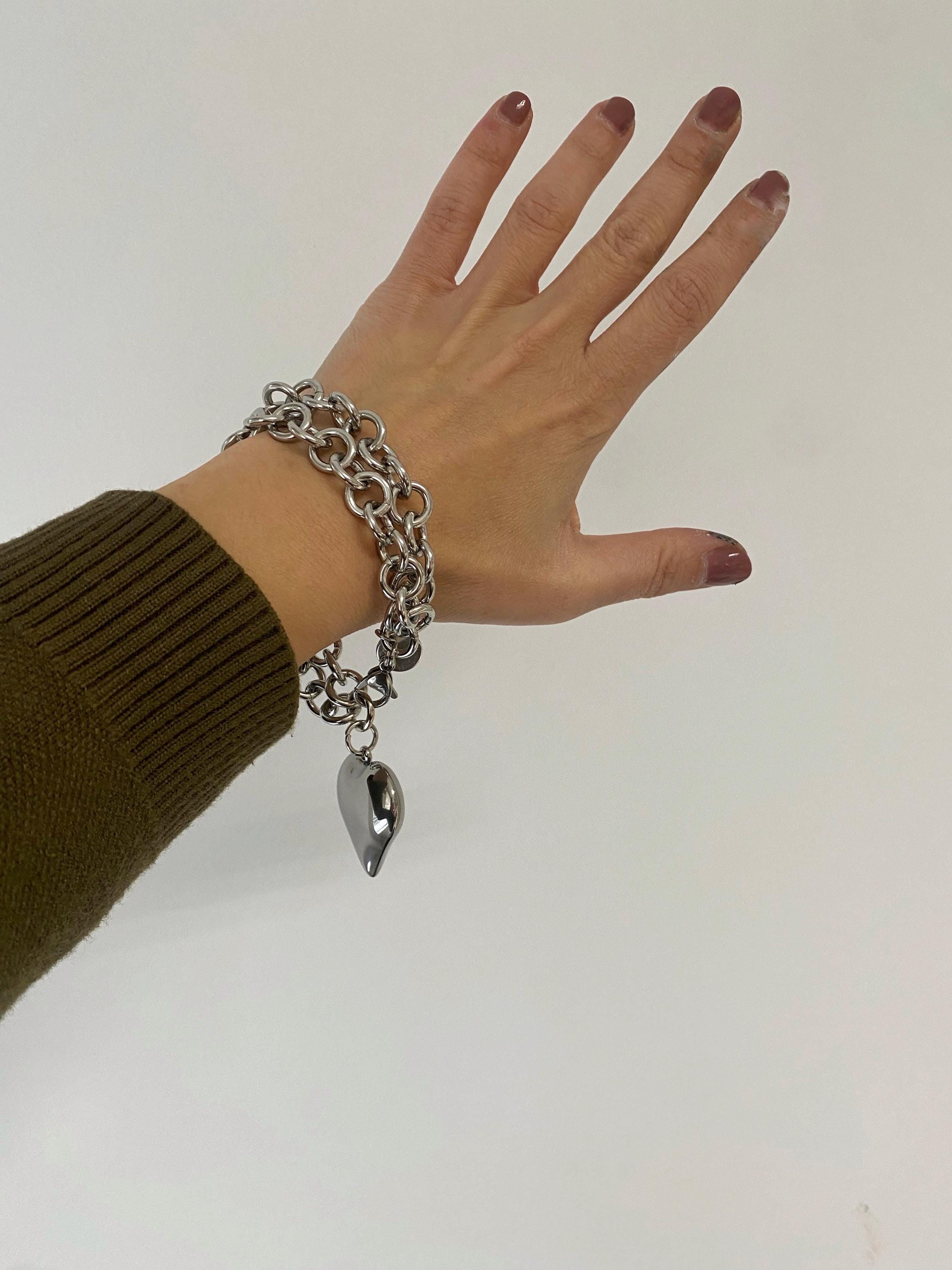 Heart Bracelet for Woman, Large Puffy Heart Bracelet, Silver