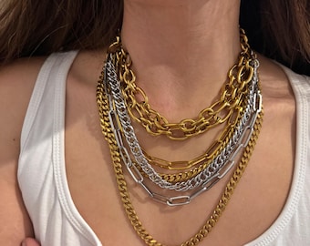 Layered multi strand  chains necklace,  convertible necklace, mix silver gold tone chain necklace,